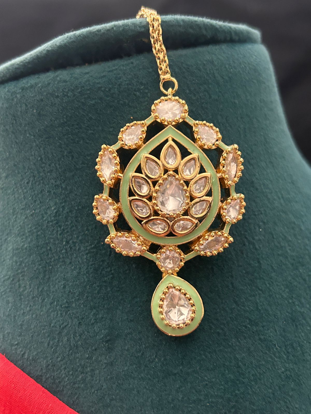 Elegant Mint Green & White Kundan Bridal Necklace Set with Earrings & Maang Tikka